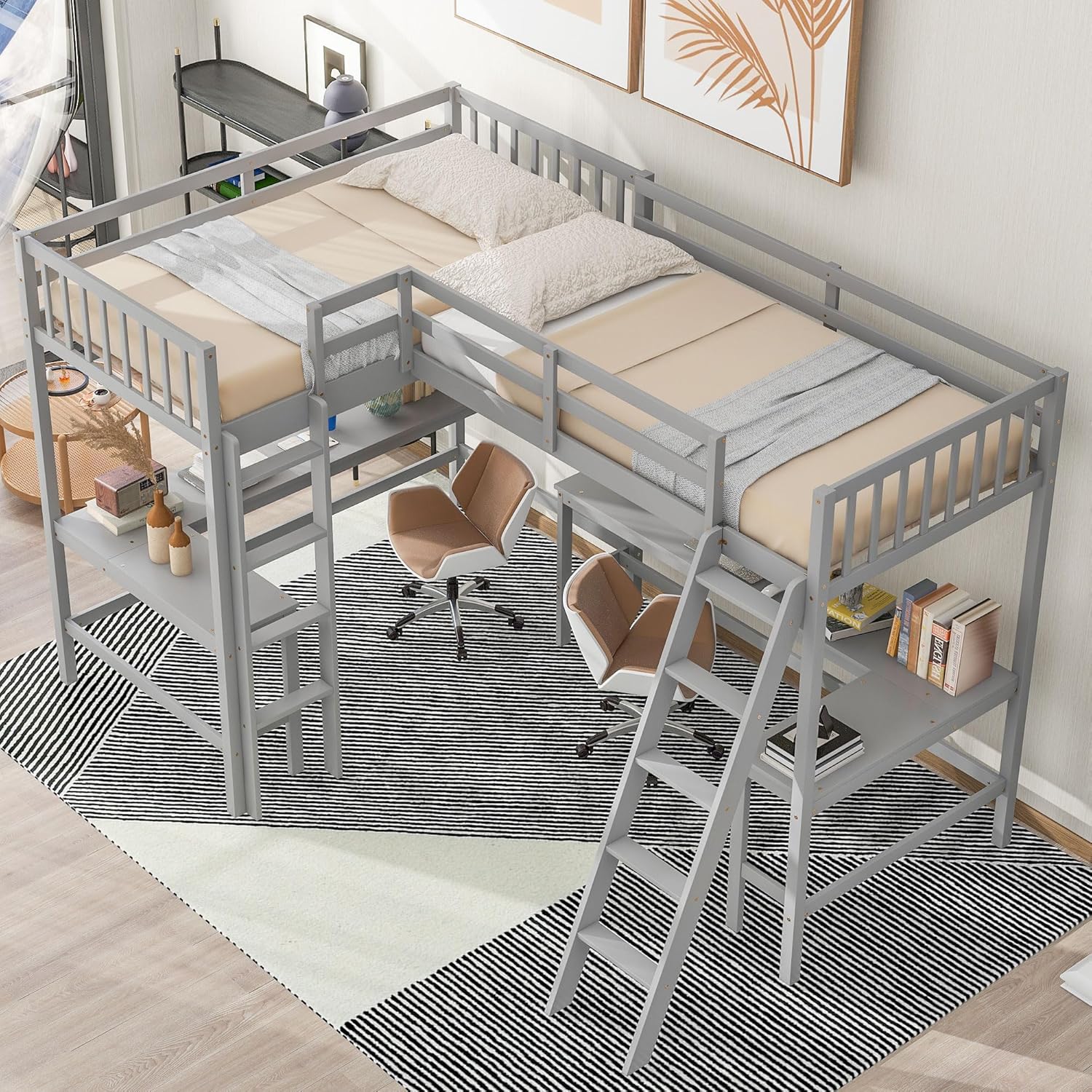 L-Shaped Double Twin Size Loft Beds for 2, Wooden Double High Loft Bed Frame with 2 Built-in Desks and Ladder for Kids, Teens, Adults, Gray