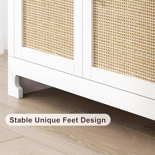IDEALHOUSE Buffet Cabinet, Rattan Storage Cabinet with 4 Doors and Shelf, Sideboard Buffet Cabinet with Storage, Accent Cabinet Console for Dining Room, Living Room, Hallway (White)