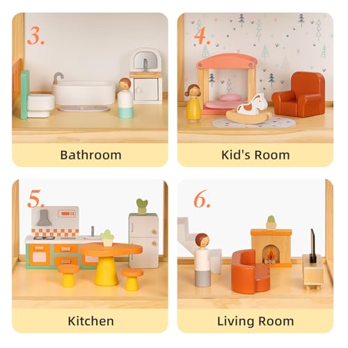 OOOK Large Wooden Dollhouse with 42 Pcs Luxurious Furniture Accessories, 3-Story Doll House 6 Rooms Balcony Wooden Stairs, Ideal Modern Dollhouse for Toddlers 3-5