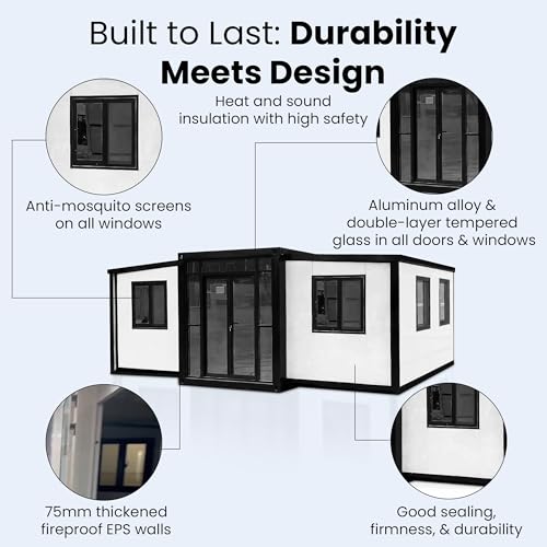 Portable Prefabricated Tiny Home - 19x20ft Expandable Prefab Tiny House for Hotel, Booth, Office, Guard House, Shop, Villa, Warehouse, Workshop (with Restroom)