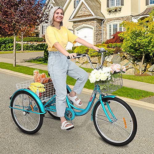 PEXMOR Adult Tricycle 7 Speed, 24/26 Inch 3 Wheel Bikes Tricycle for Adults, Adult Trike for Women/Men/Seniors, Three Wheel Cruiser Bike w/Folding Front & Rear Basket for Shopping/Recreation/Picnic