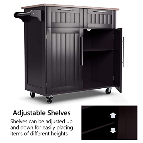 SILKYDRY Kitchen Island with Storage, Kitchen Storage Trolley w/Adjustable Shelves, Rubber Wood Top, Towel Rack, Large Drawers & 2-Door Cabinet, Rolling Kitchen Cart Lockable Island Table