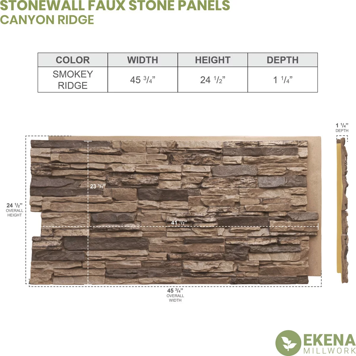Ekena Millwork 45.75"W x 24.50"H x 1.25"D Canyon Ridge Stacked Stone, StoneWall Faux Stone Siding Panel, Smokey Ridge - Curated Treasures Market