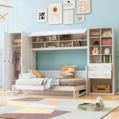 KLMM Wooden Murphy Bed Wall Bed with 2 Wardrobe and Storage Shelf,Foldable Platform Bedframe for Guest-Room Bedroom Study Office Use (White#E, Full)