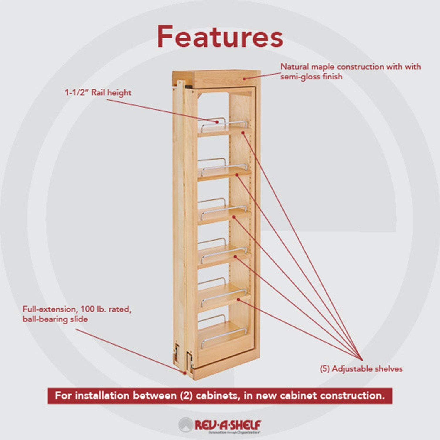 Rev-A-Shelf 432-WF42-6C 6 x 42 Inch Wooden Adjustable Pull-Out Between Cabinet Wall Filler Kitchen Storage Organizer Unit