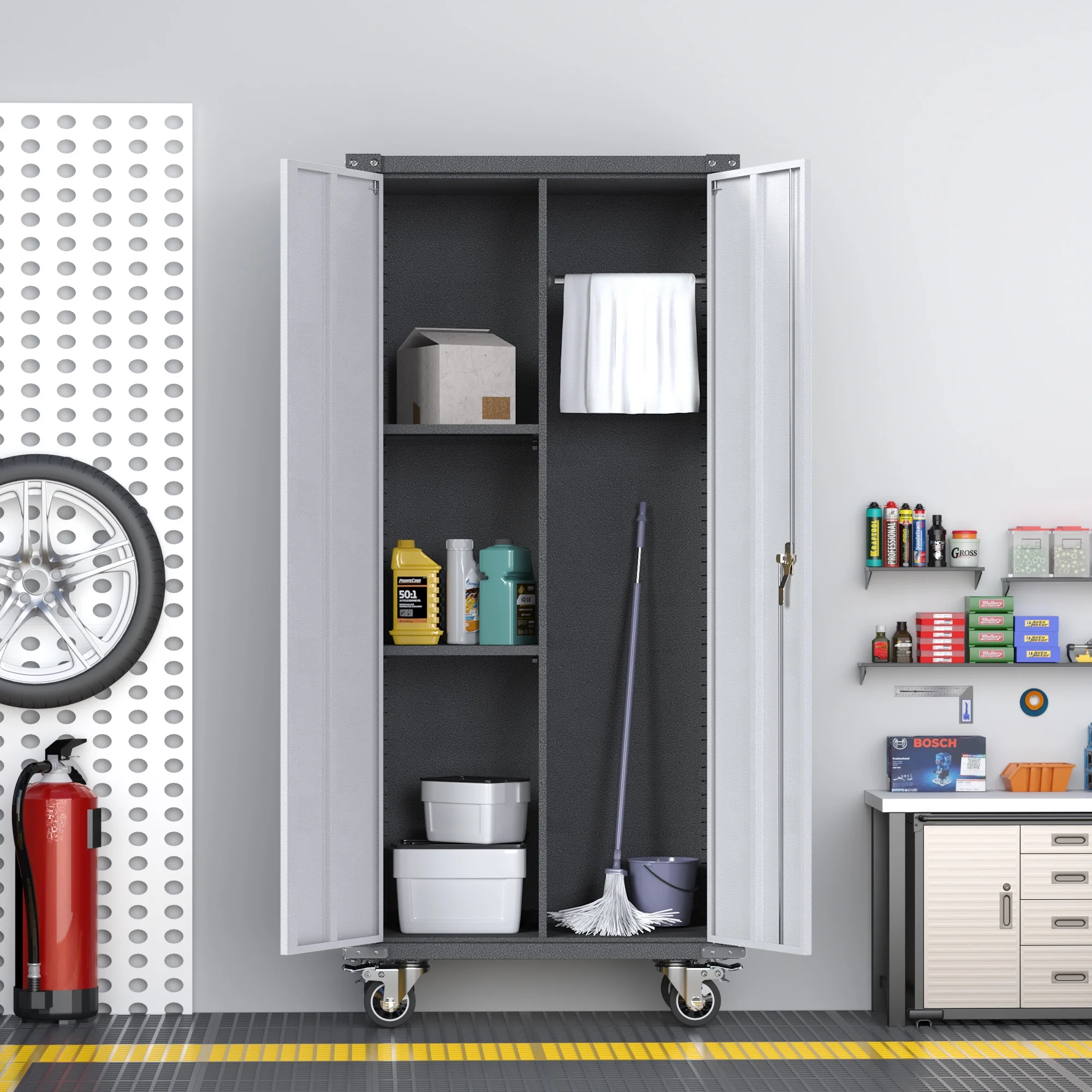 GangMei Metal Rolling Storage Cabinet with Hanging Rod, Large Steel Utility Tool Storage Cabinets with 2 Shelves & Locking Doors, Garage Cabinets for Tool Storage, Assemble Required