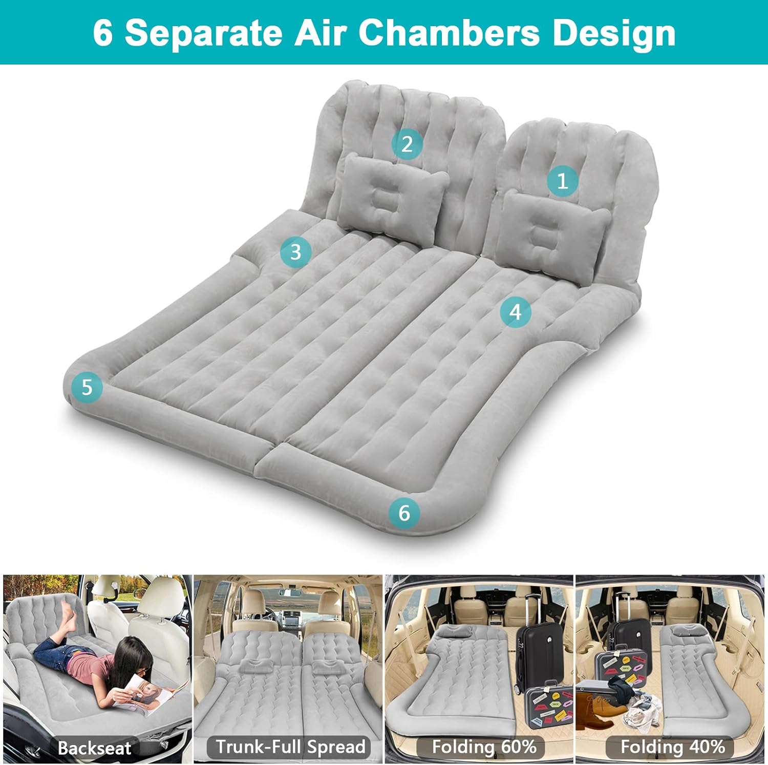 Car Air Mattress,Car Bed,SUV Air Mattress Car Camping with Electric Pump and 2 Pillows, Car Inflatable Mattress- Flocking & PVC Surface,Car Sleeping Bed for Home, Outdoor and Travel(Gray)