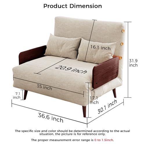 3-in-1 Convertible Chair Bed Sleeper for Adults, Linen Convertable Sleeper Chair with Wooden Arms & Pillows, Foldable Single Futon Sofa Bed (Mid Century with Walnut Arm, 36.6" Wide)