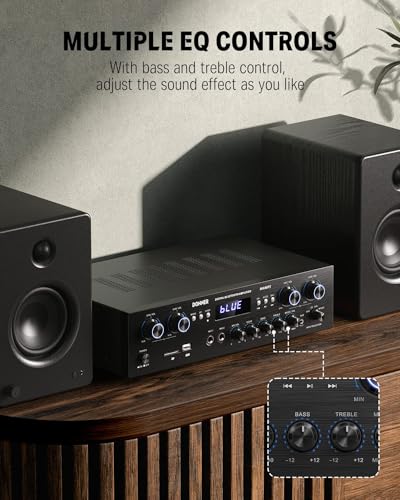 Donner Bluetooth 5.0 Stereo Audio Amplifier Receiver, 4 Channel 440W Peak Power Home Theater Stereo Receiver with USB, SD, FM, 2 Mic in Echo, RCA, LED, Speaker Selector for Studio, Home - MAMP5