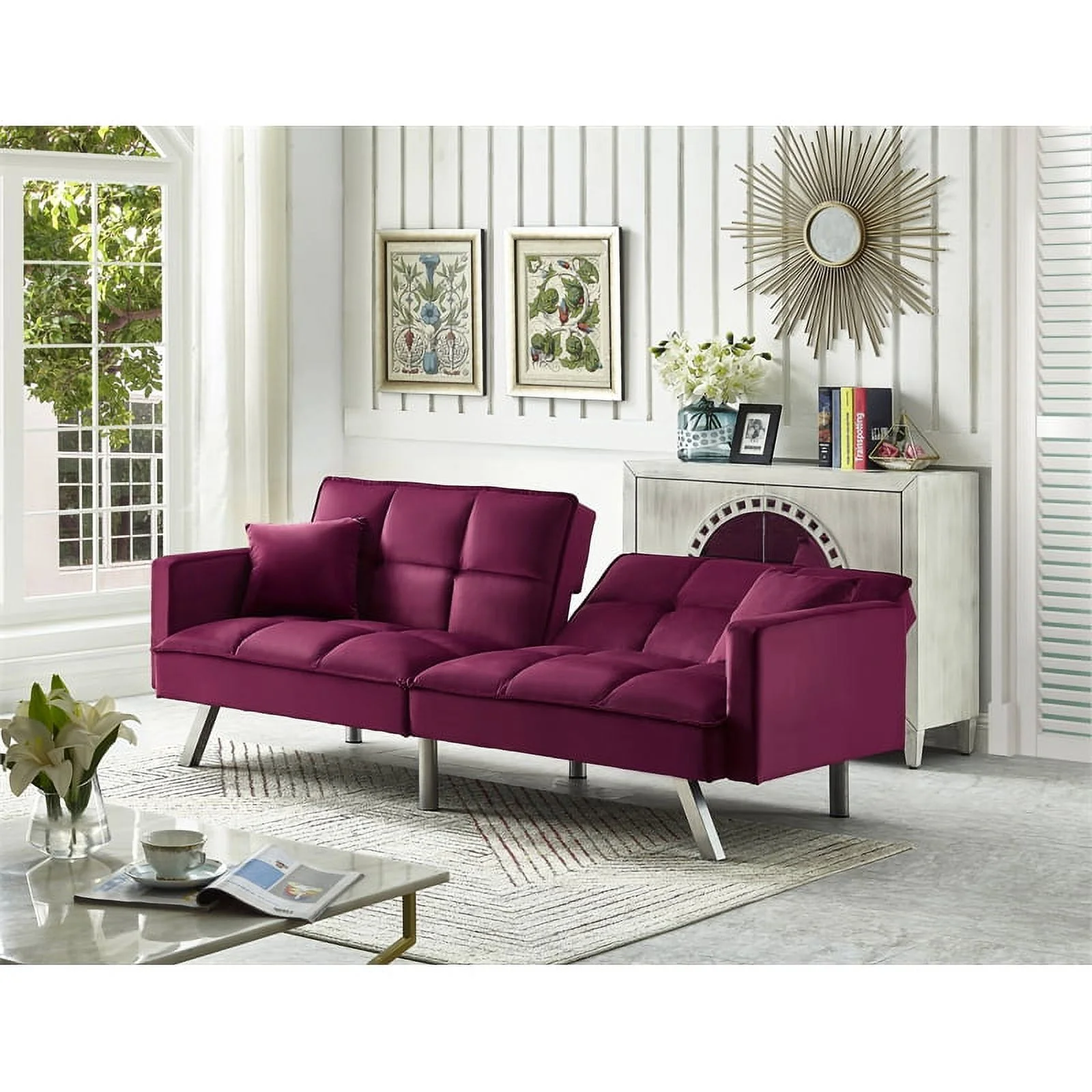 Legend Vansen 80" Convertible Wood & Velvet Fabric Sleeper Sofa Bed in Red