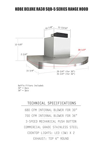 KOBE Range Hoods 3-Speed 680 CFM Stainless Steel Premium Under Cabinet Range Hood