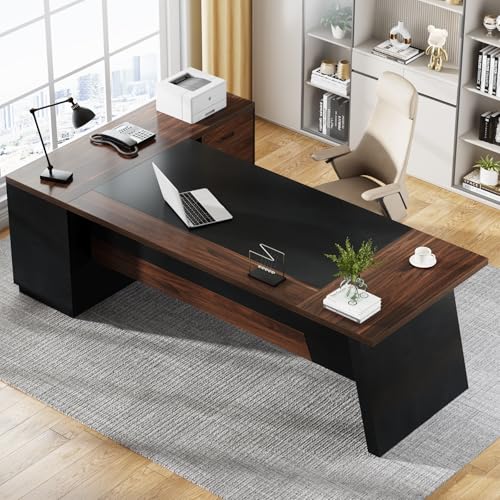 Tribesigns L-Shaped Executive Desk, 78" Modern Office Desk with Drawers and Lateral File Cabinet, Large Computer Desk with Storage Shelves, Workstation for Home Office (Walnut + Black)