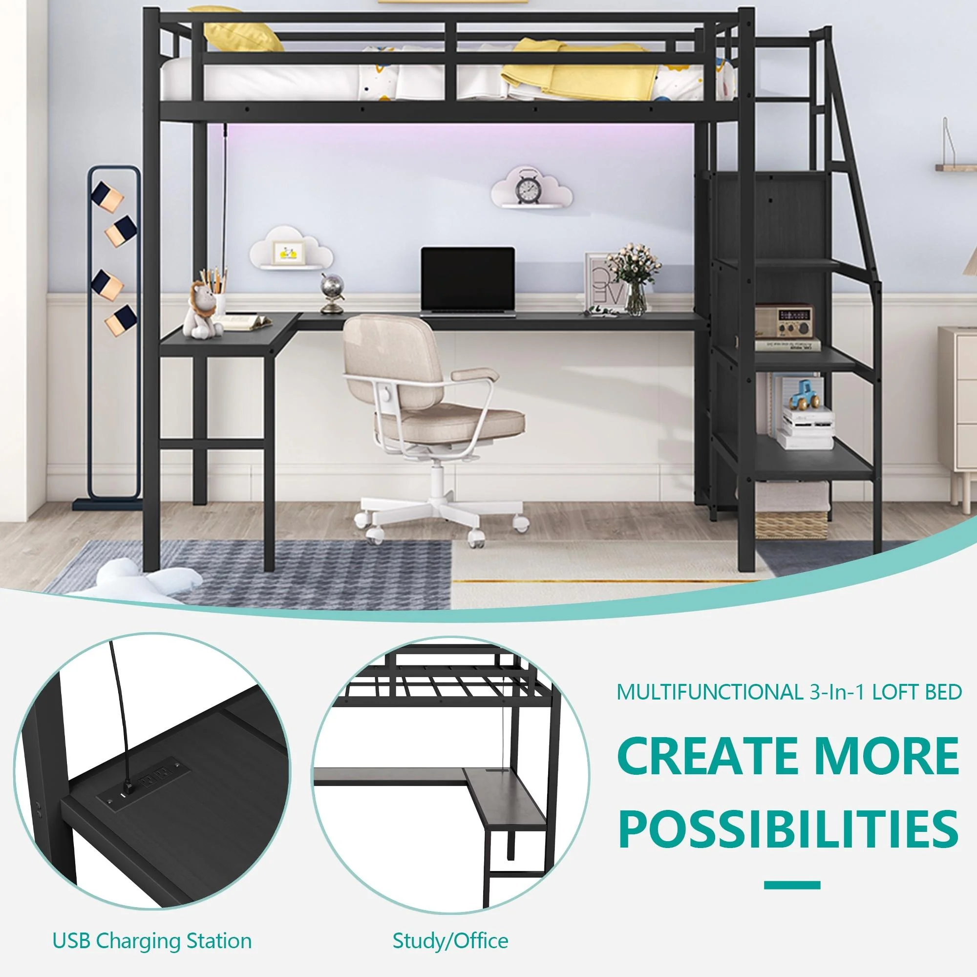 Full Size Loft Bed with Desk and Stairs, Metal Loft Bed Frame with Wardrobe and USB Charging Station, High Loft Bed with LED Light for Kids Teens Adults-Black