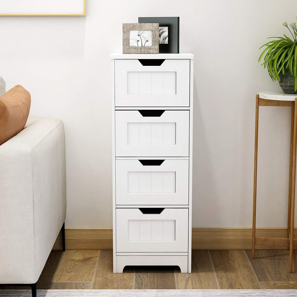 Bathroom Floor Cabinet RASOO White Freestanding Storage Organizer Cabinet with 4 Drawers for Bathroom, Living Room, Kitchen, 11.81x11.81x32.68(LxWxH)