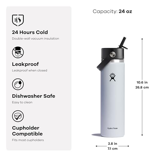HYDRO FLASK Wide Mouth vacuum insulated stainless steel water bottle with leakproof closeable straw lid for cold water drinks, sports, travel, car and school