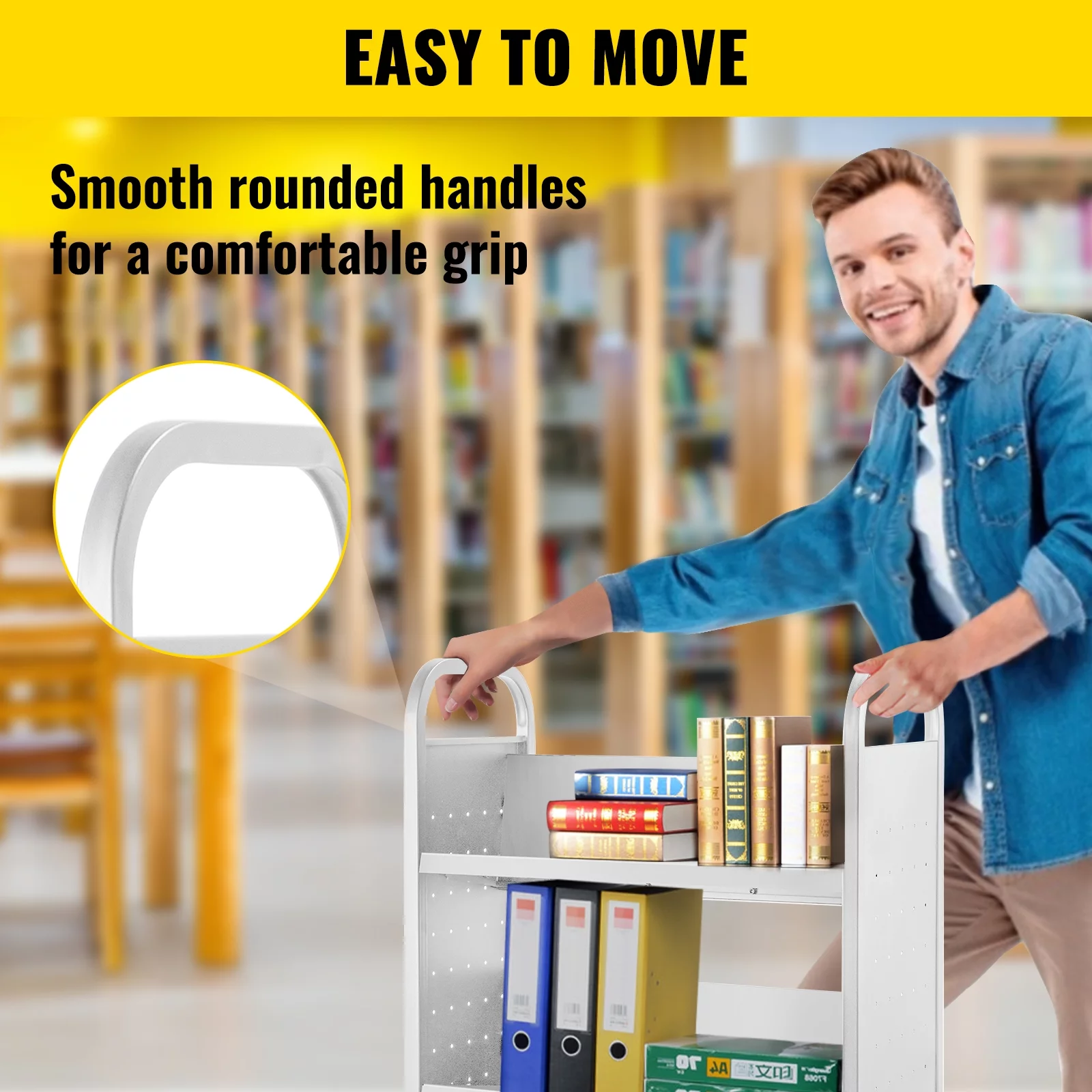 VEVOR Book Cart Single Sided V-Shaped , Rolling Book Cart with 4 inch Lockable Wheels, for Home Shelves Office and School Book Truck in White - Curated Treasures Market