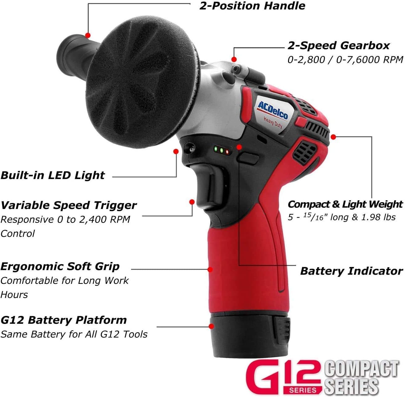 ACDelco ARW1208-K12 G12 Series 12V Cordless Li-ion 3” Mini Polisher, 3/8” Impact & Ratchet Wrench Combo Tool Kit with 2 Batteries