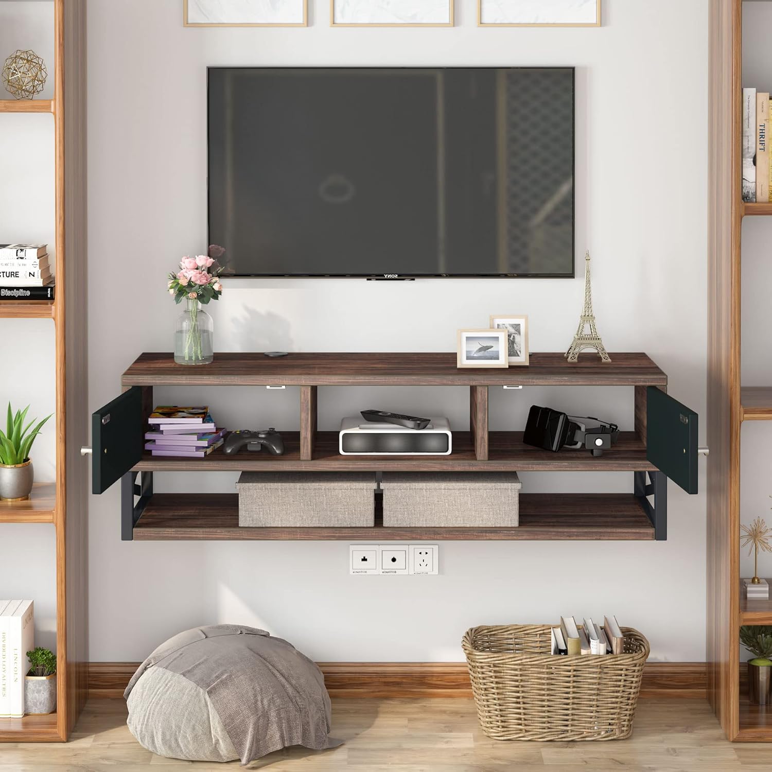 Tribesigns Floating TV Stand, 3-Tier Wall Mounted Media Console TV Shelf with Magnetic Suction Doors, TV Cabinet Entertainment Center Console Shelf for Living Room Bedroom
