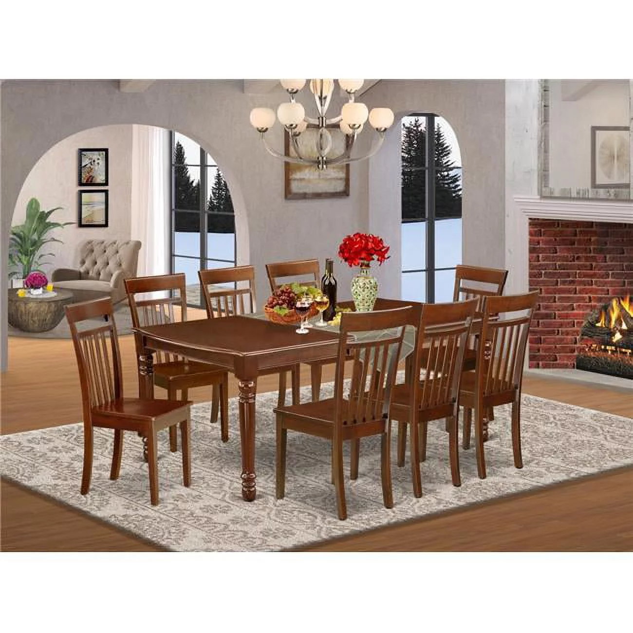East West Furniture Dover 9-piece Wood Dining Room Set in Mahogany