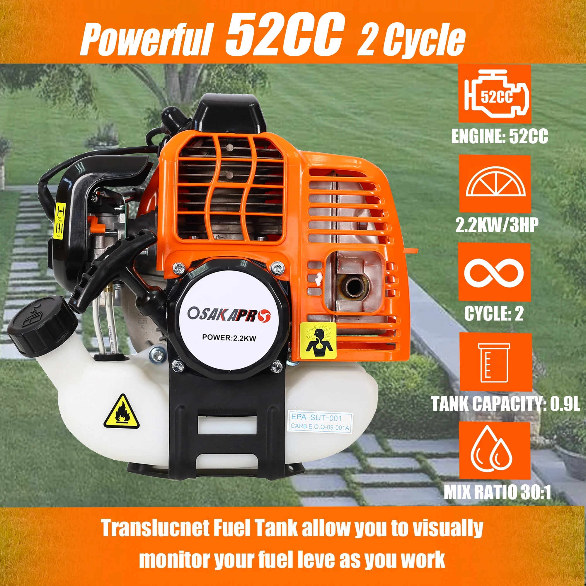 Backpack 52CC 2-Cycle Grass Trimmer, Sesslife 4 In 1 Gas Powered Lawn Mower Full Crankshaft Grass Edger with Gas Pole Saw, Hedge Trimmer, Grass Trimmer, Brush Cutter Attachment, Orange