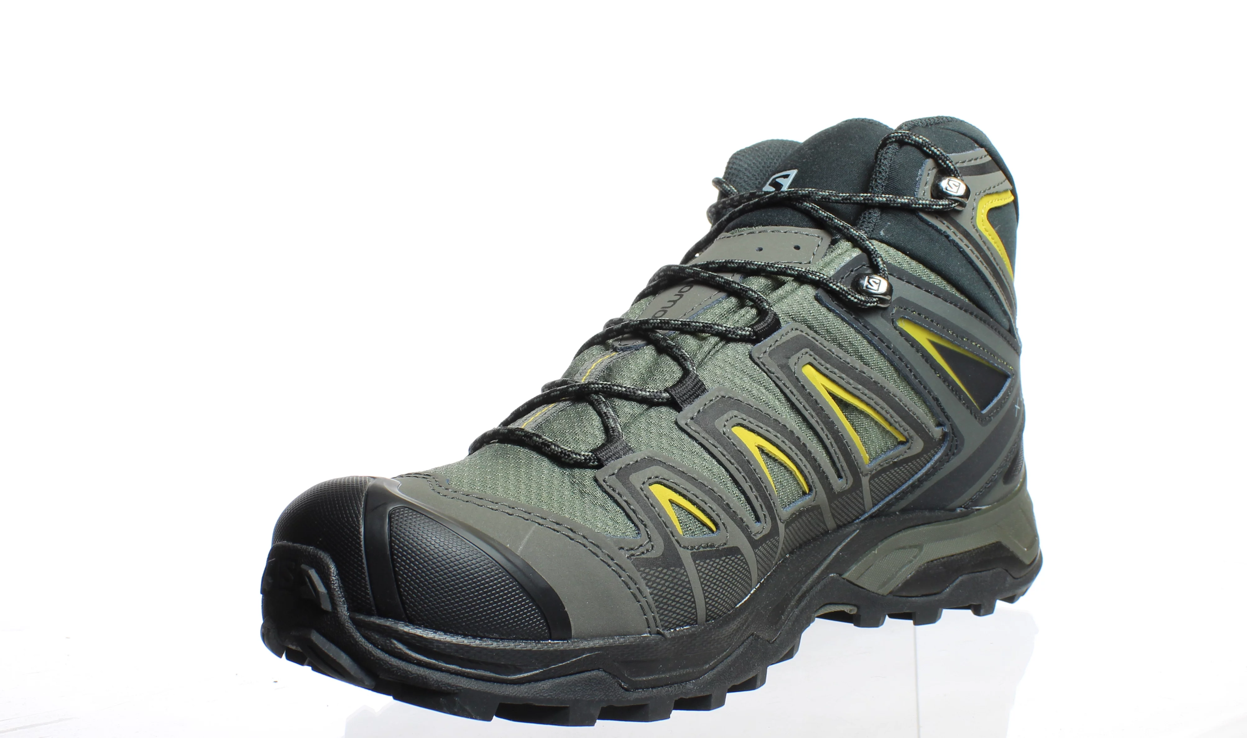 Salomon X Ultra 3 MID Gore-TEX Hiking Boots for Men, Castor Gray/Black/Green Sulphur, 10.5