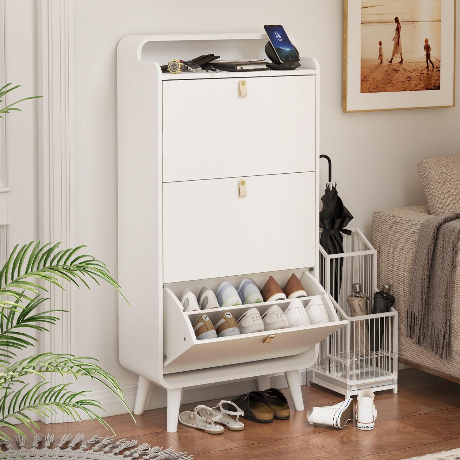 Modern Arc Design Shoe Cabinet with 3 Drawers - Elegant White Entryway Shoe Storage Solution for Closets, Apartments, Hallways & Outdoor Spaces
