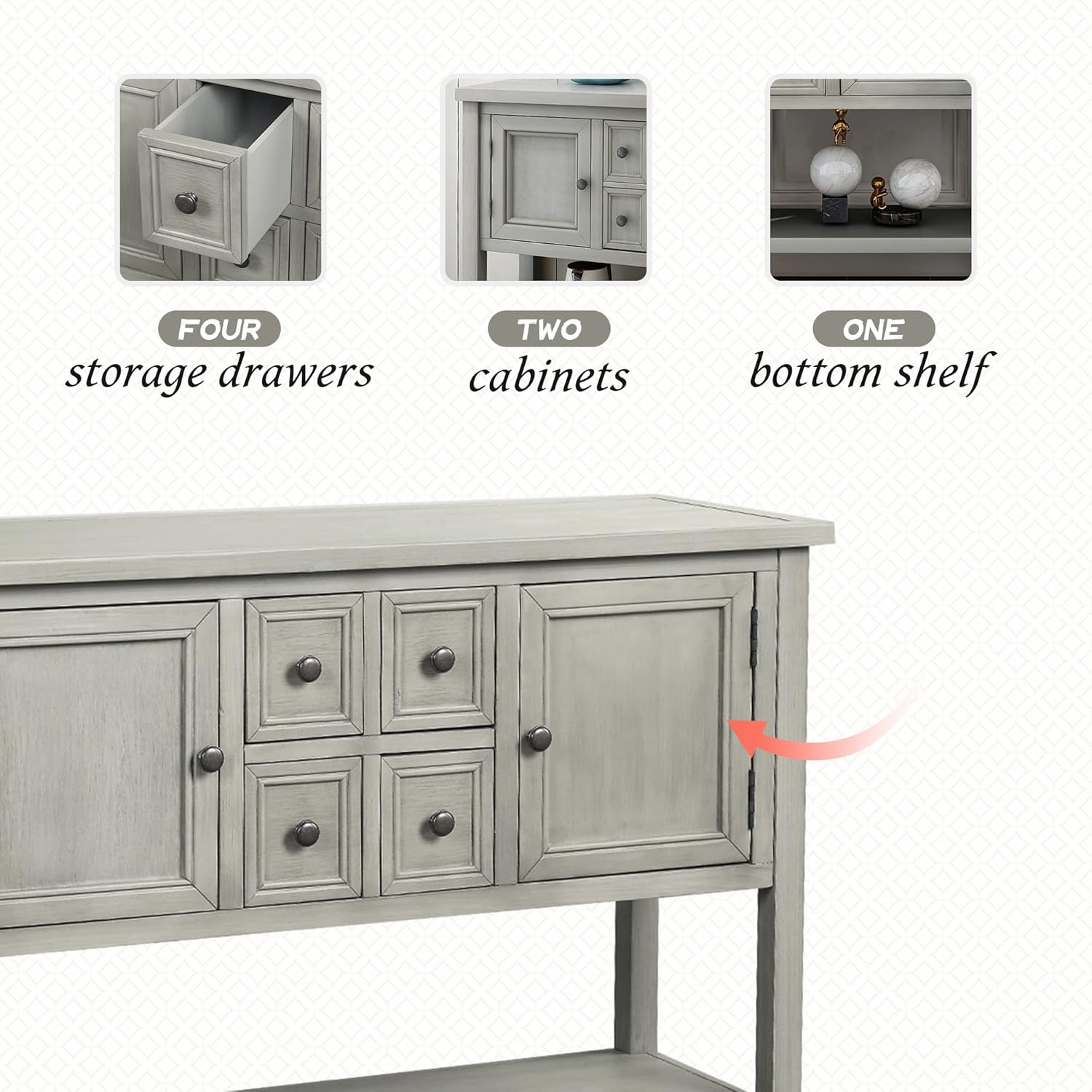Farmhouse Vintage Console Table Sofa Table with 4 Drawers and Bottom Shelf, Solid Wood Buffet Sideboard Storage Cabinet for Entryway Living Room Kitchen Dining Room (Antique Gray)