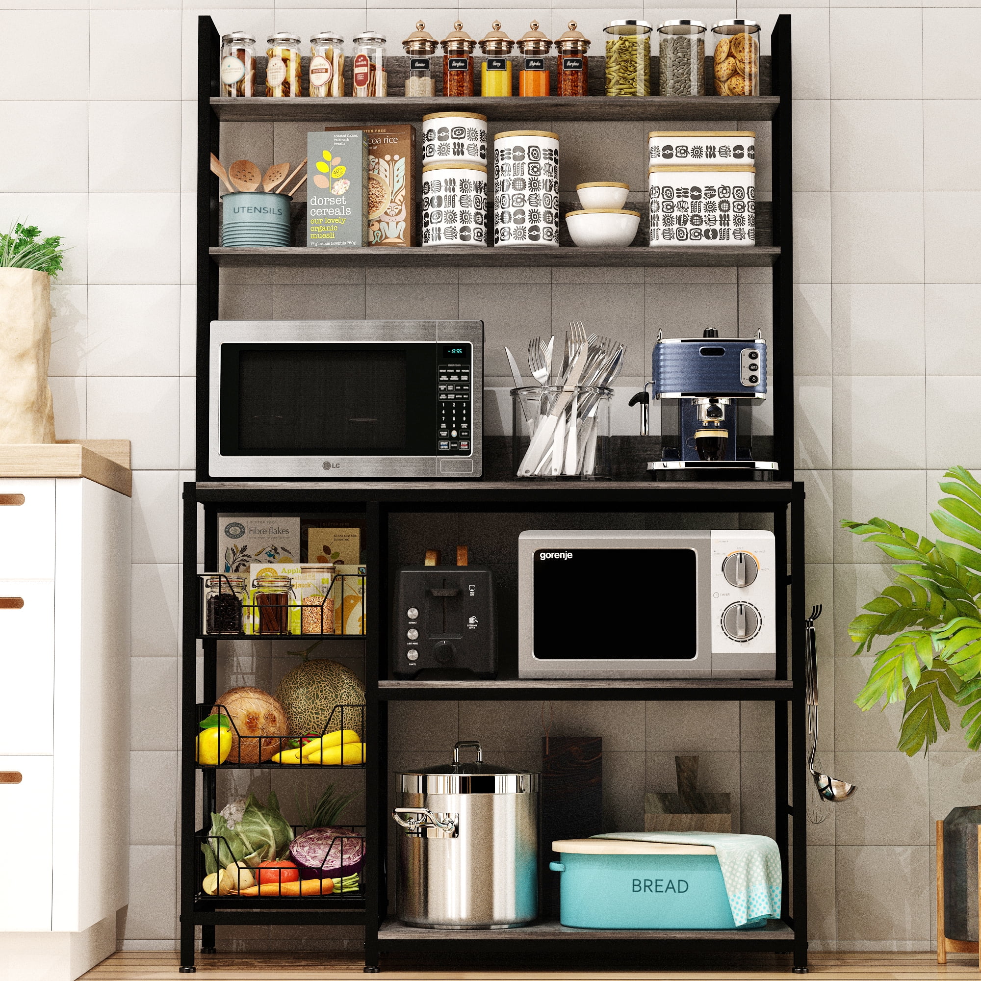 NAIYUFA Kitchen Bakers Rack with Baskets,5-Tier Utility Storage Wood Shelf with Hooks, Microwave Oven Stand Rack,Vintage Grey