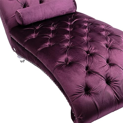 Velvet Chaise Sofa with Lumbar Pillow, Modern Ergonomic Upholstered Concubine Sofa Chair, Comfy Button-Tufted Sleeper Recliner Sofa for Living Room, Bedroom, Balcony, Emerald