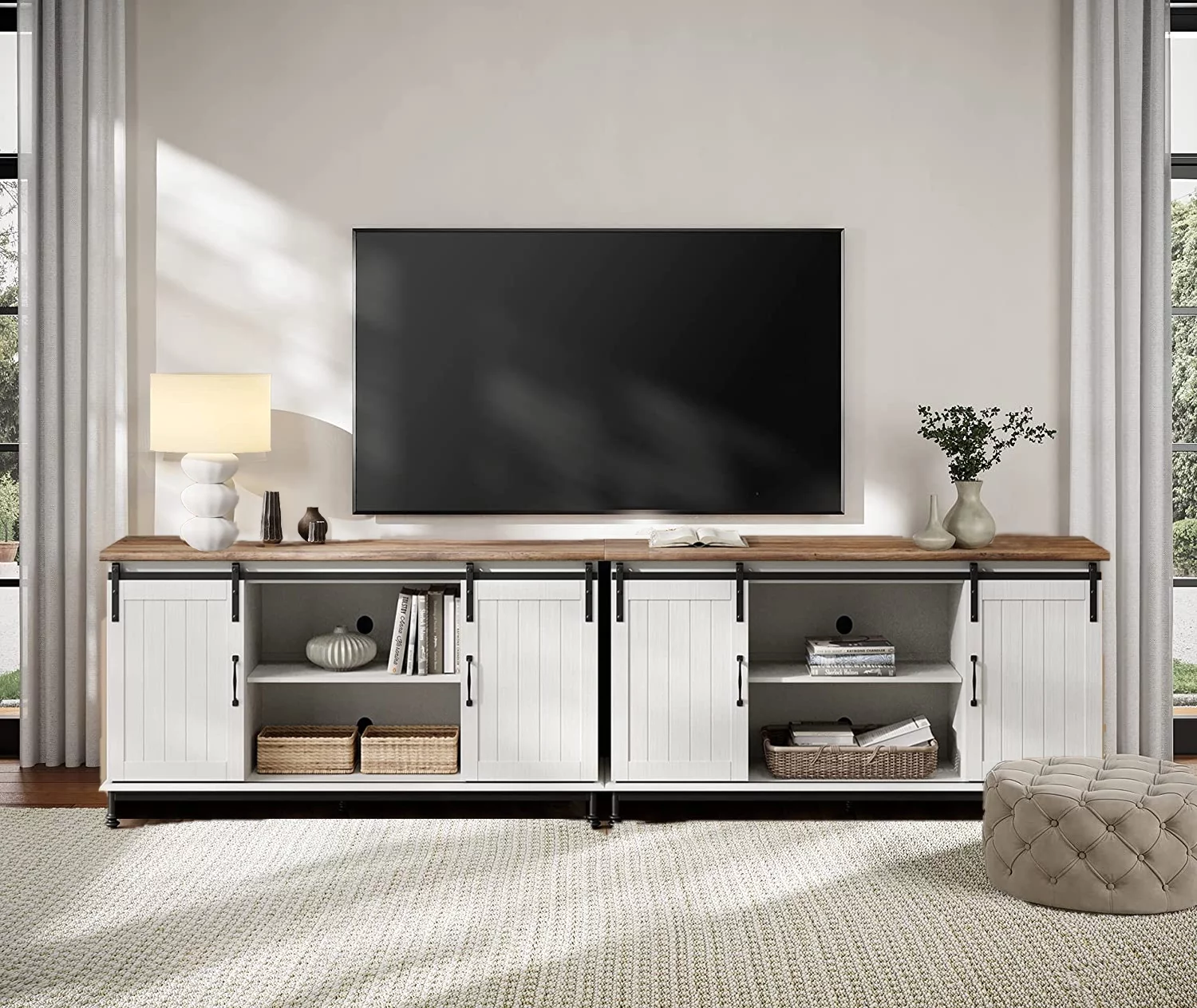 WAMPAT Farmhouse TV Stand for Up to 110 Inch TV, Sliding Barn Door Wood Entertainment Center with Media Console Storage Cabinet & Adjustable Shelves for Living Room, 116'', White