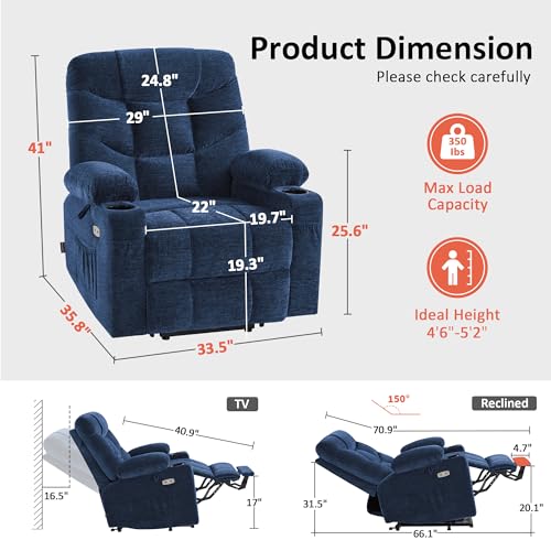 MCombo Power Lift Recliner Chair with Extended Footrest for Elderly People, Fabric 7287 (Navy Blue, Medium)