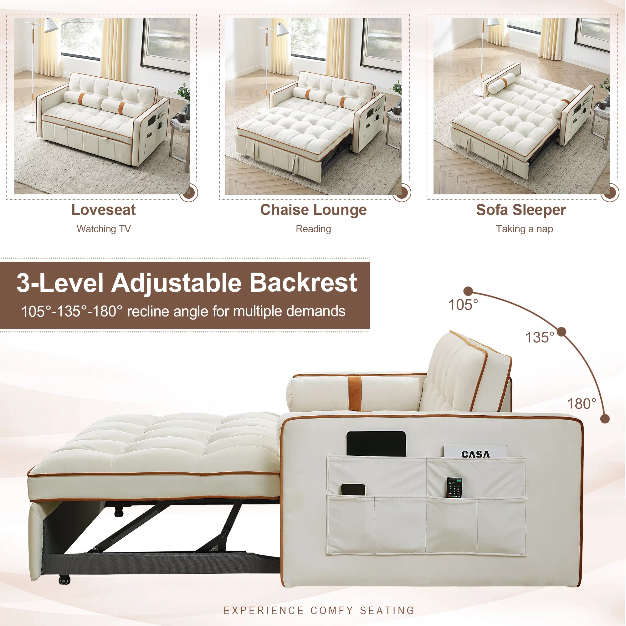 KINFFICT Futon Sofa Bed, Convertible Sleeper Sofa Bed with Pull Out Couch, Modern Velvet Loveseat Sleeper, Small Couch for Living Room, Beige