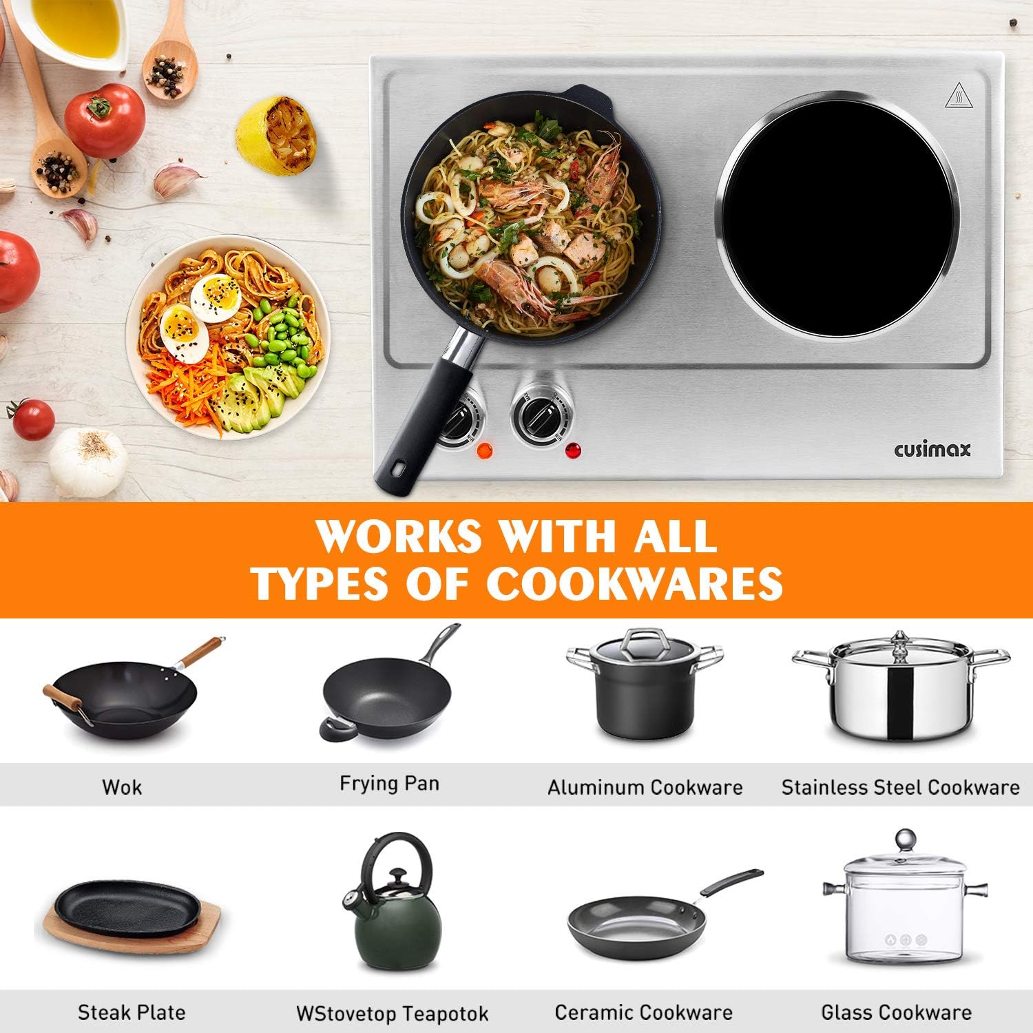 Cusimax Hot Plate Electric Burner Single Burner Cast Iron hot plates for cooking Portable Burner 1500W with Adjustable Temperature Control Stainless Steel Non-Slip Rubber Feet, Upgraded Version