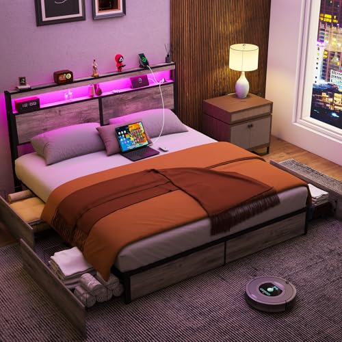 SADENICEL Queen Bed Frame with Storage Headboard and 4 Drawers, Metal Platform Bed Frame with LED Light, Charging Station, No Box Spring Needed, Noise Free, Easy Assembly, Vintage Brown