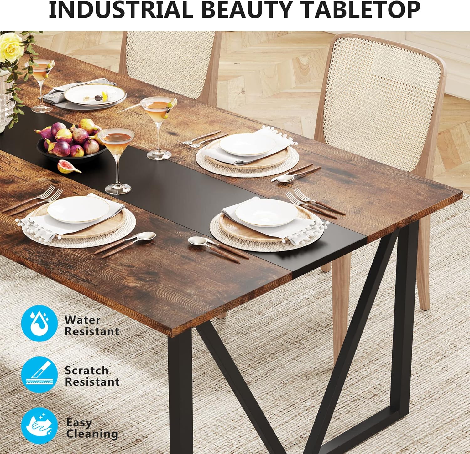 TRIBESIGNS WAY TO ORIGIN Dining Table for 6-8 People, 70.8-inch Rectangular Wood Kitchen Table with Strong Metal Frame, Industrial Large Dining Room Table for Kitchen, Living Room (Rustic Brown)