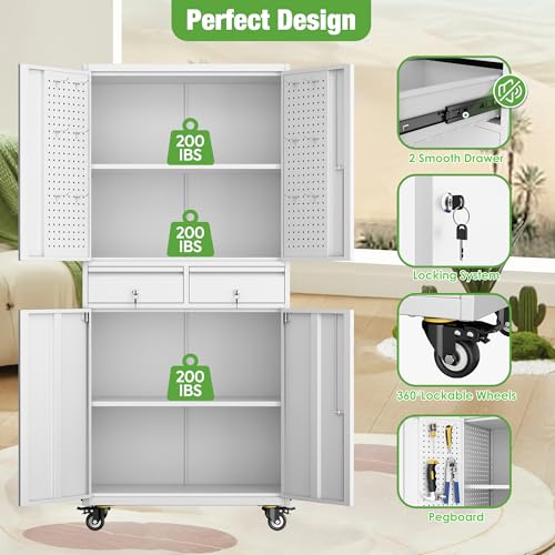 73" H Metal Storage Cabinet with Wheels, Garage Storage Cabinet with 4 Adjustable Shelves and Lockable Doors for Garage Home Office Utility Room,Required Assembly,Black