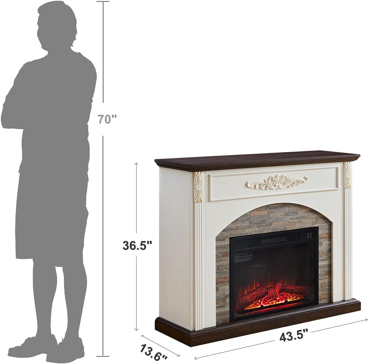 44 Inch Carved Pilasters Electric Fireplace with Mantel, Tall Fire Place Heater Freestanding, Realistic Stacked Stone Surround with Remote Control Timer LED Flame for Living Room, Bedroom