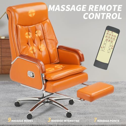 Kinnls Cameron Massage Chair, Big and Tall Office Chair 500lbs Genuine Leather High Back Heavy Duty Executive Desk Chair Fully Reclining Chair for Long Hours (Cowhide Leather-Black)