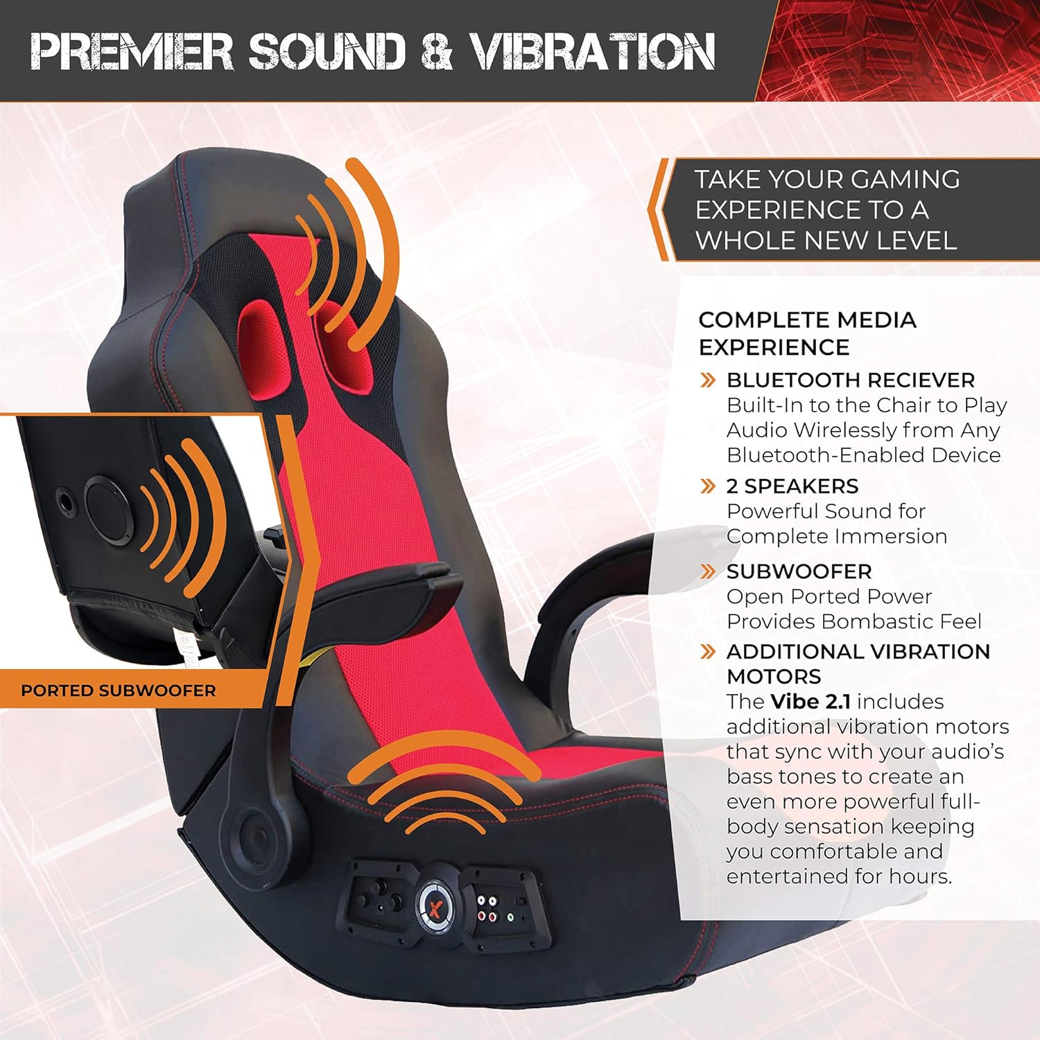 X Rocker, 5172801, Vibe 2.1 Wireless Bluetooth Gaming Floor Rocker, 23.62 x 14.57 x 17.69, Black/Red