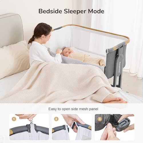 Maydolly Baby Bassinet, 3-in-1 Rocking Bassinet Bedside Sleeper with Wheels, Mattress, Sheet, 7 Height Adjustable, Folding Easy Portable Bassinet for Infant