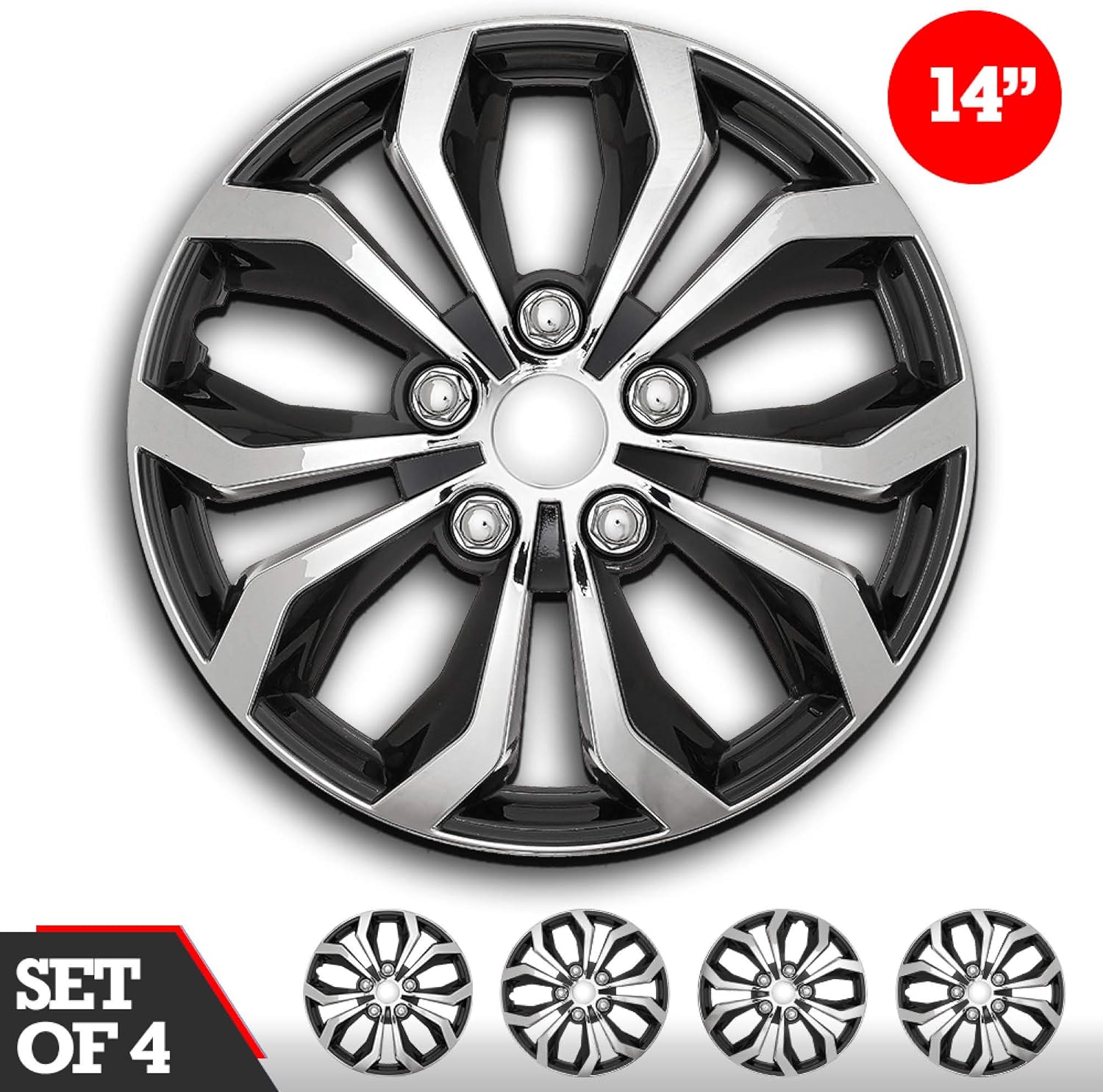 Swiss Drive Set of 4 Hubcaps 14 Wheel Cover “SPA” Chrome and Black ABS Easy to Install Universal(Check Rim and Tire Size)