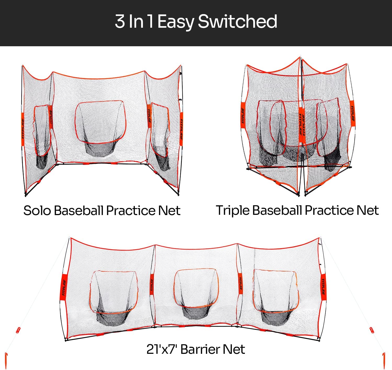3 in 1 Baseball Softball Practice Net FITPLAY Triple Baseball Training Net 3 Way 7' x 7' Baseball Net for Hitting and Pitching, Batting and Catching, Baseball Backstop Softball Practice Nets