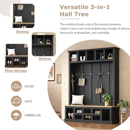 LUMISOL Wide Entryway Hall Tree with Storage Bench, 78''H Entryway Shoe Cabinet with Cube Storage, Hallway Coat Rack with 6 Hooks for Mudroom Living Room, Black