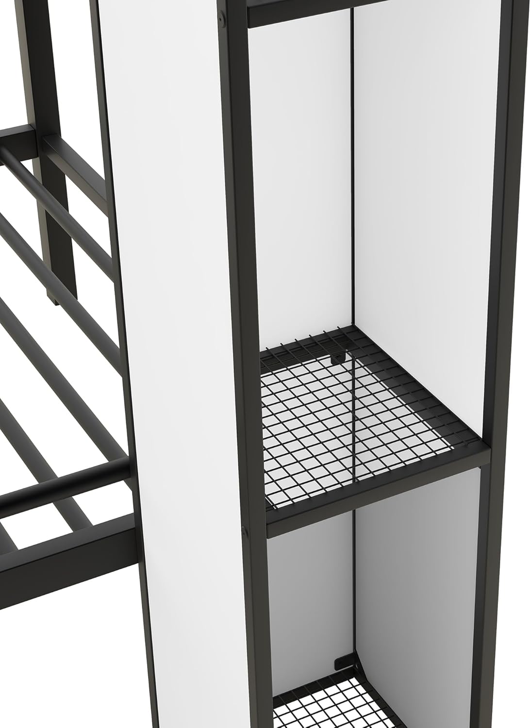 Twin Over Twin Castle Bunk Bed with Stairs, Wardrobe and Multiple Storage, Metal Bunkbeds with Staircase and Shelves, for Kids Teens Bedroom, Black+White