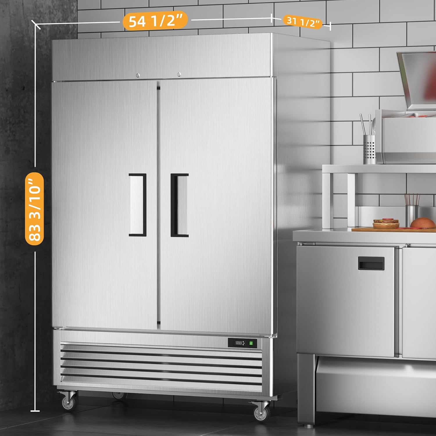 54’’ Commercial Freezer with 2 Door, Stainless Steel Reach-in Freezer Upright with 49 Cu.Ft/8 Shelves, Two Section Fan Cooling Freezers for Restaurant Garage ETL NSF Approved