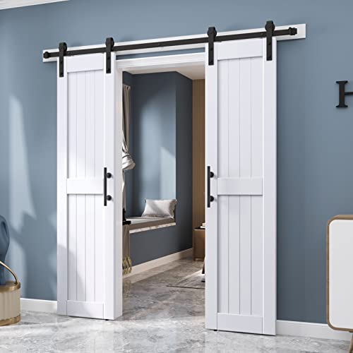 EaseLife 54 x 84 inch White Barn Door with 9FT Sliding Door Hardware Kit Included & Handle,Solid Wood Covered with Waterproof PVC Surface,DIY Assemblely,Easy Install,H-Frame,Fit 50-52in Wide Opening