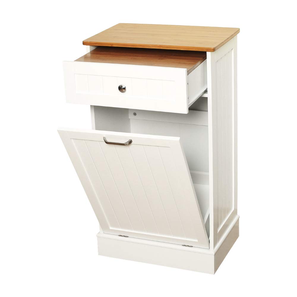 Anbuy Tilt Out Trash Cabinet Can Bin Kitchen Wooden Trash Can Free Standing Holder Recycling Cabinet with Hideaway Drawer Wooden Removable Bamboo Cutting Board Trash Holder (Black)