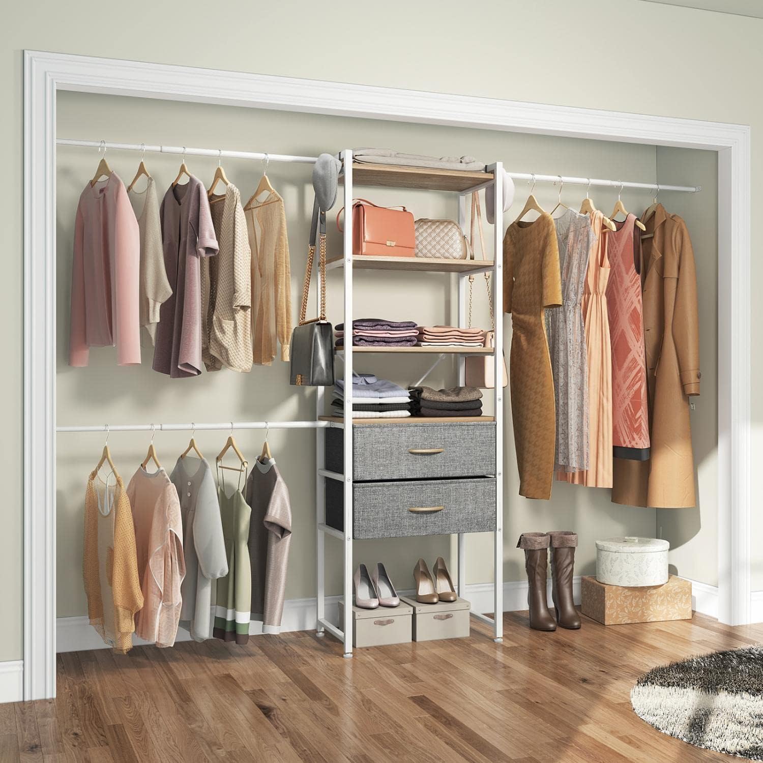 Timate P8 6 to 9 FT Closet Organizer System Kit, Metal Closet System by 3 Expandable Hanging Rod with 2 Gray Drawers and 4 Shelves, Custom Adjustable Closet Shelves for Bedroom,Cloakroom,24-inch-Black