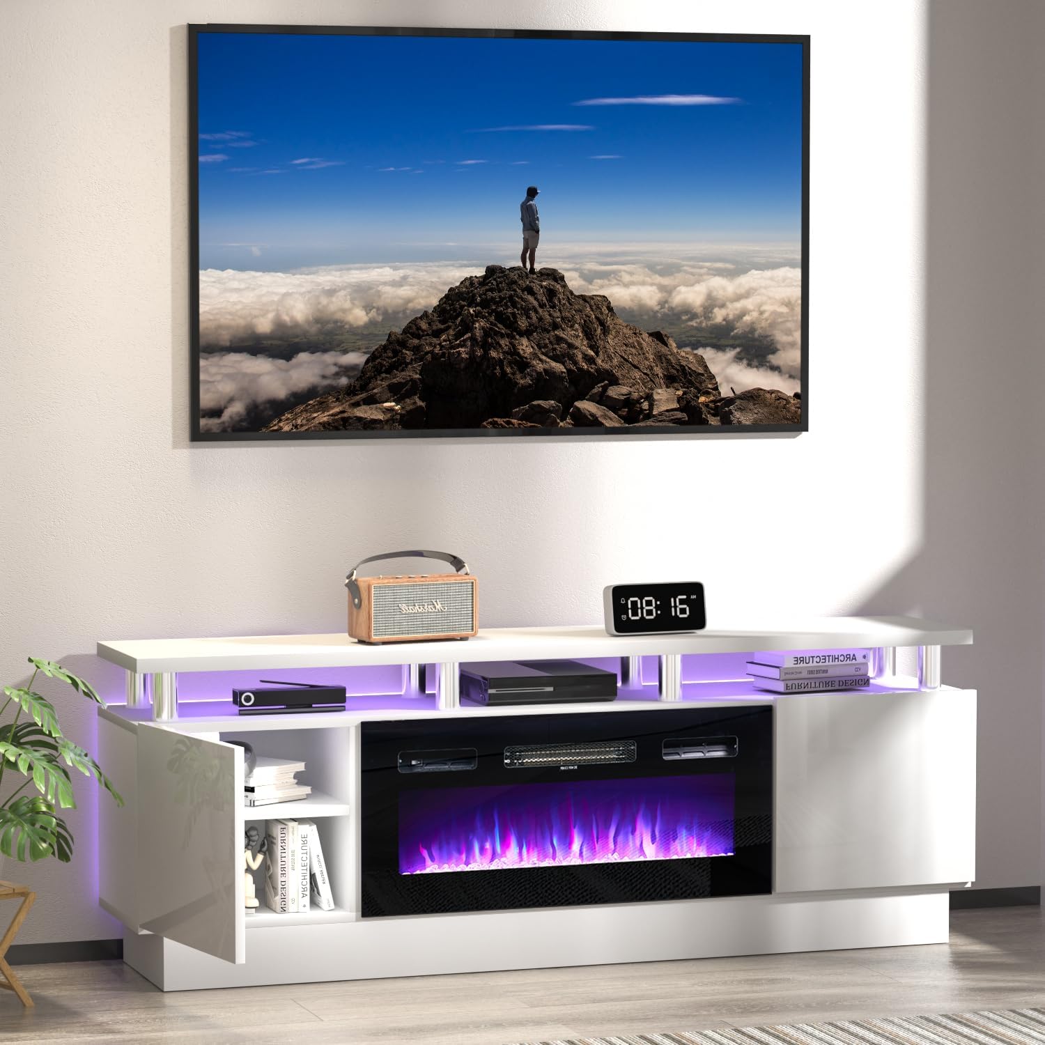 Fireplace TV Stand with 36" Electric Fireplace,2 Tier TV Console Stand, LED Light Entertainment Center, for TVs Up to 80", Fireplace for The Living Room TV Stand,(White)