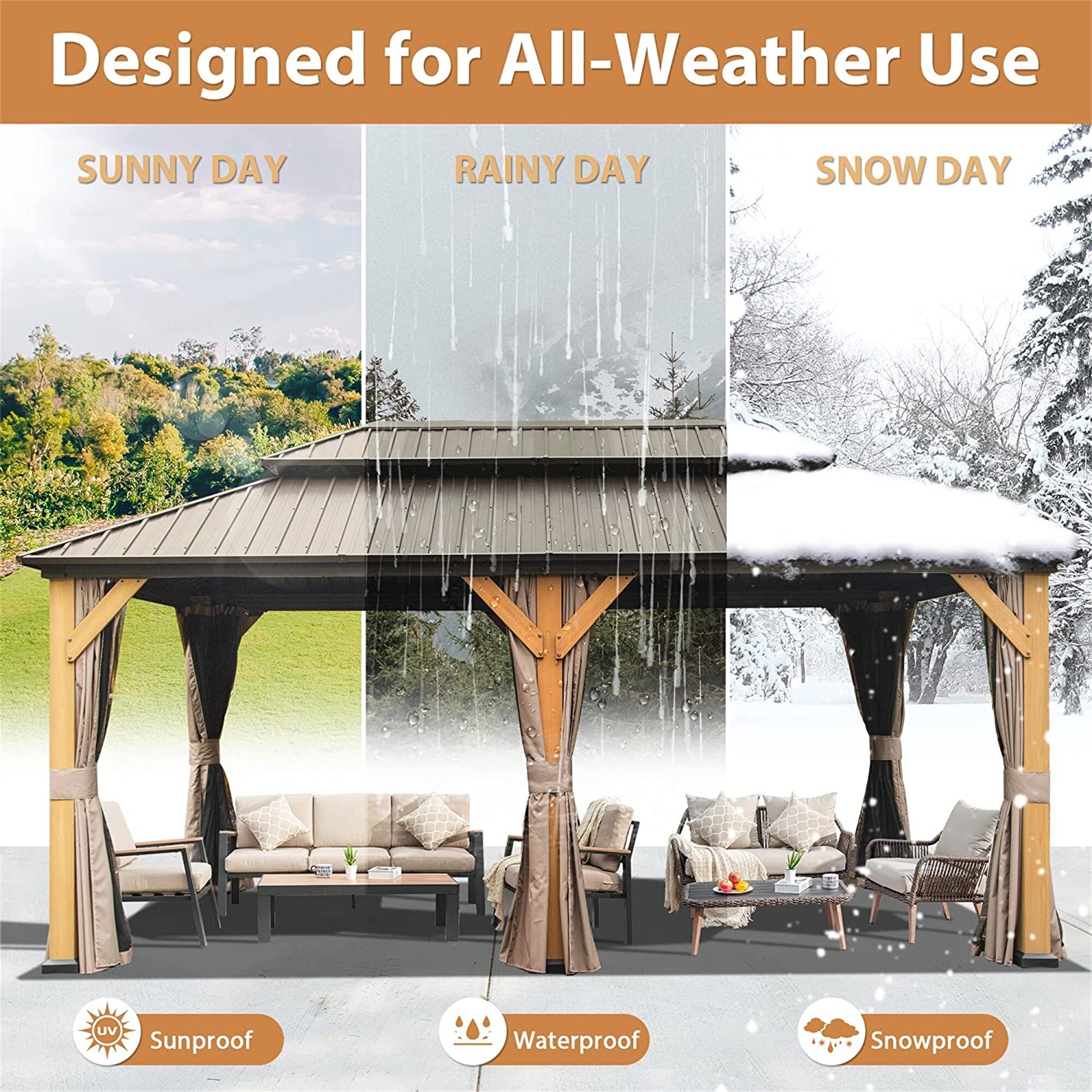 12'x20' Outdoor Permanent Cedar Wood Hardtop Gazebo Canopy with Galvanized Steel Double Roof, Curtains and Netting